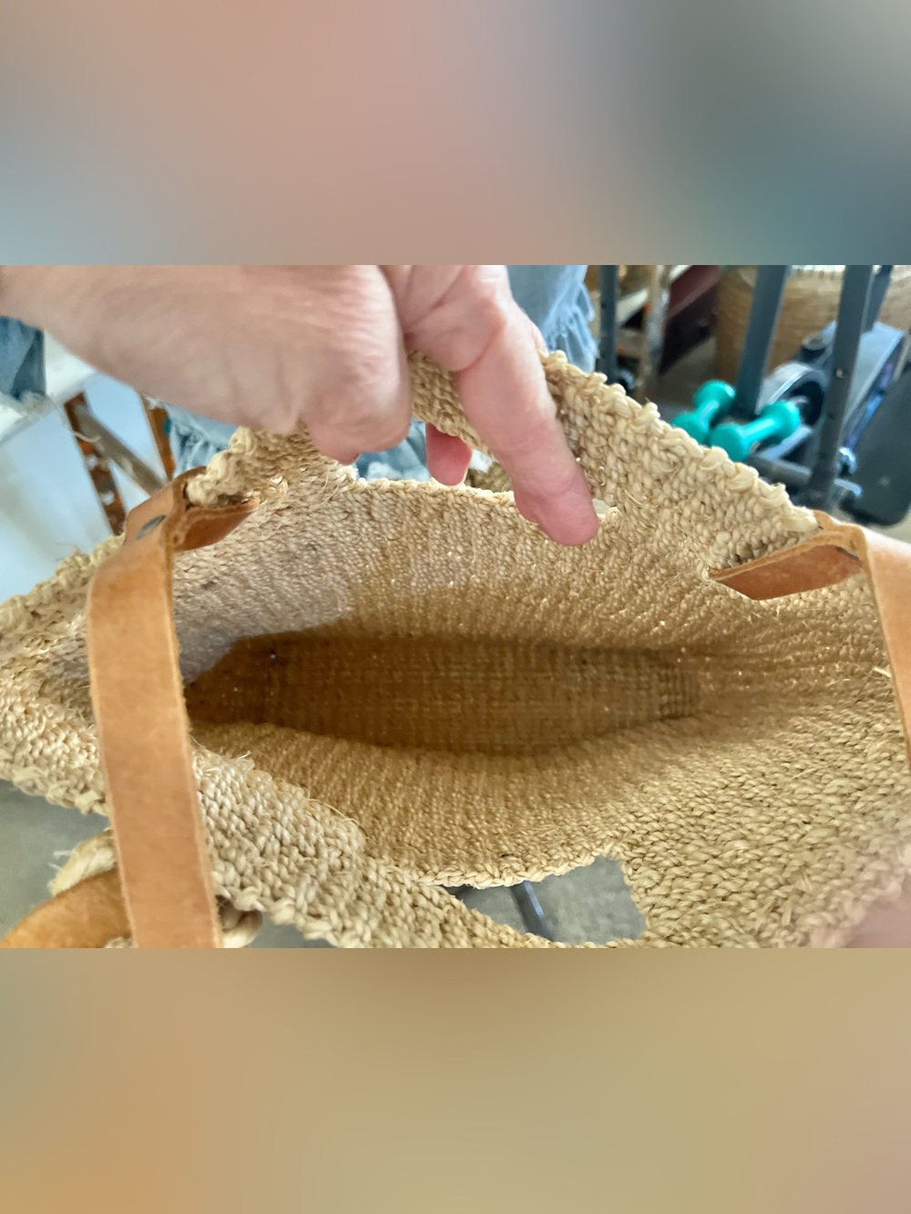 Vintage Esprit Natural Woven Backpack Tote with Tan Leather Straps - Picture 5 of 10